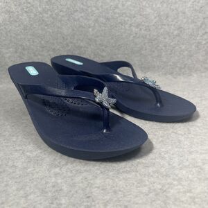 Oka-B Joy Wedge Sandals Womens Large Navy Blue Starfish Sparkle Thong Flip Flop